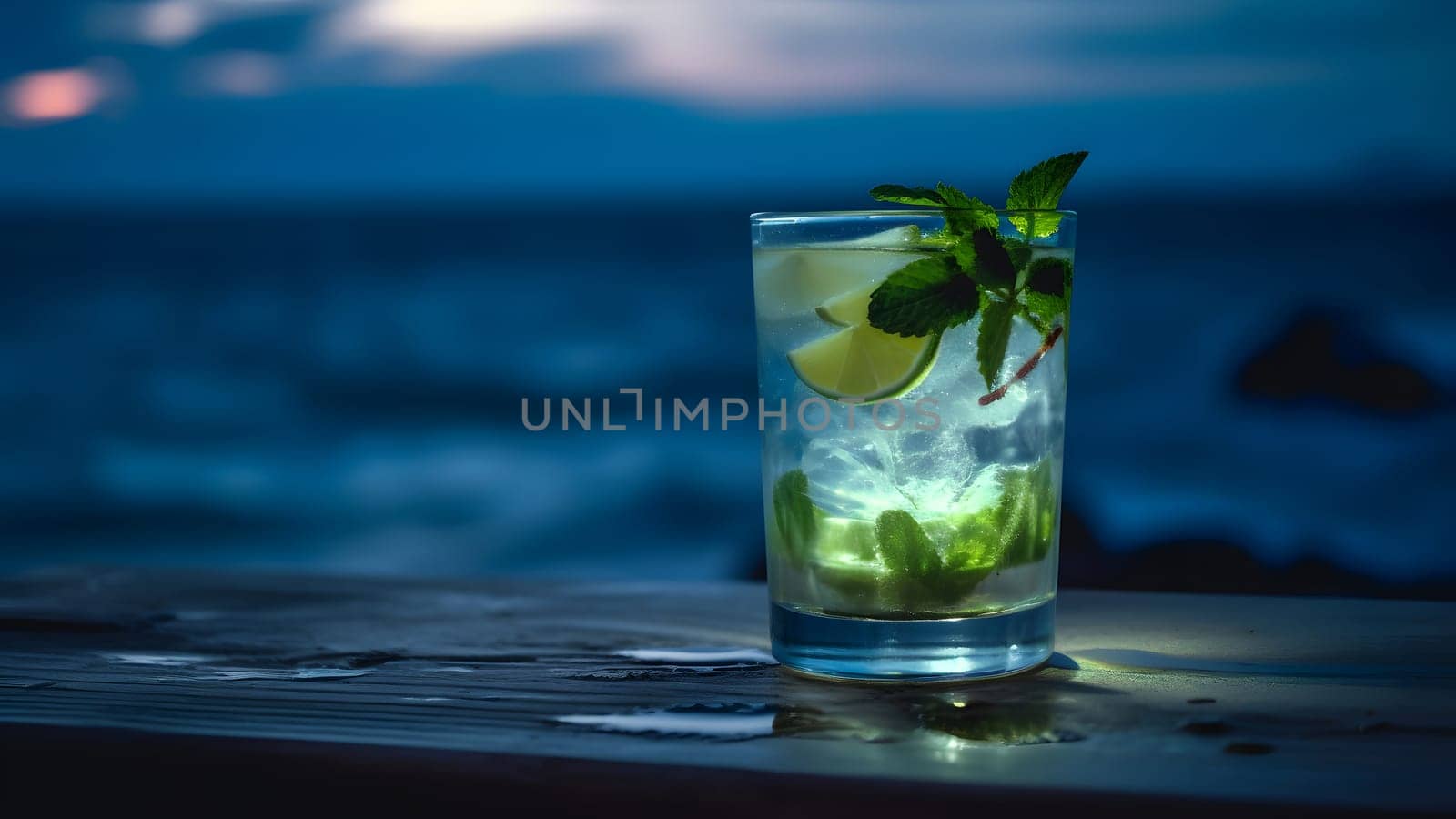 glass of refreshing mint mojito drink on sea background at summer evening, closeup with selective focus and copy space. Neural network generated in May 2023. Not based on any actual scene or pattern.
