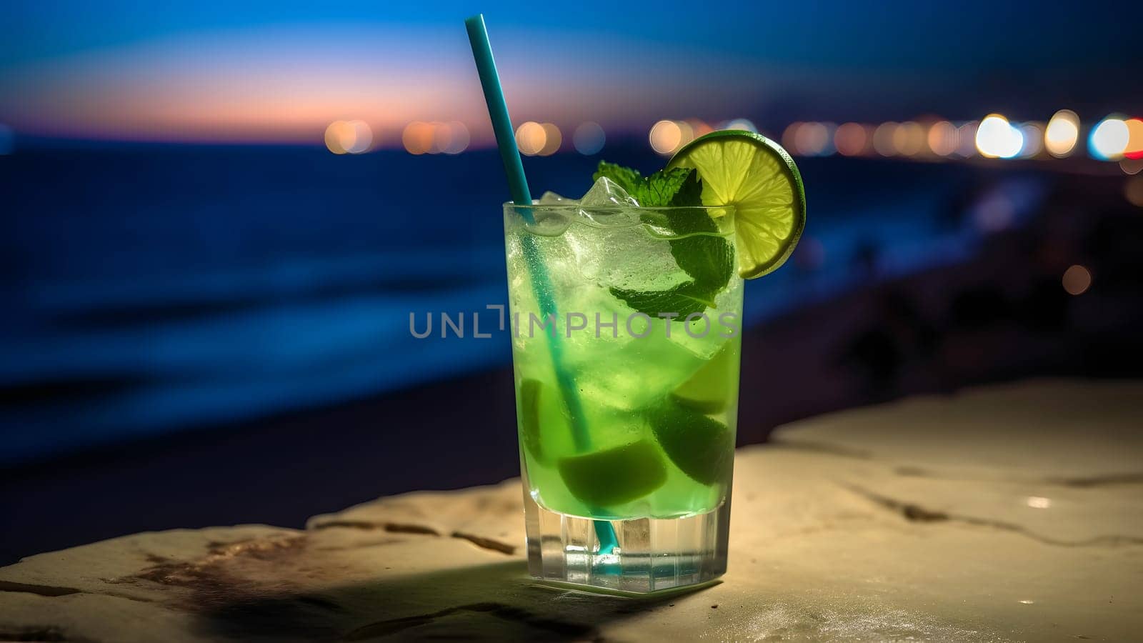 a glass of refreshing green mint mojito summer drink on ocean beach background at summer night, closeup with selective focus and copy space, neural network generated image by z1b