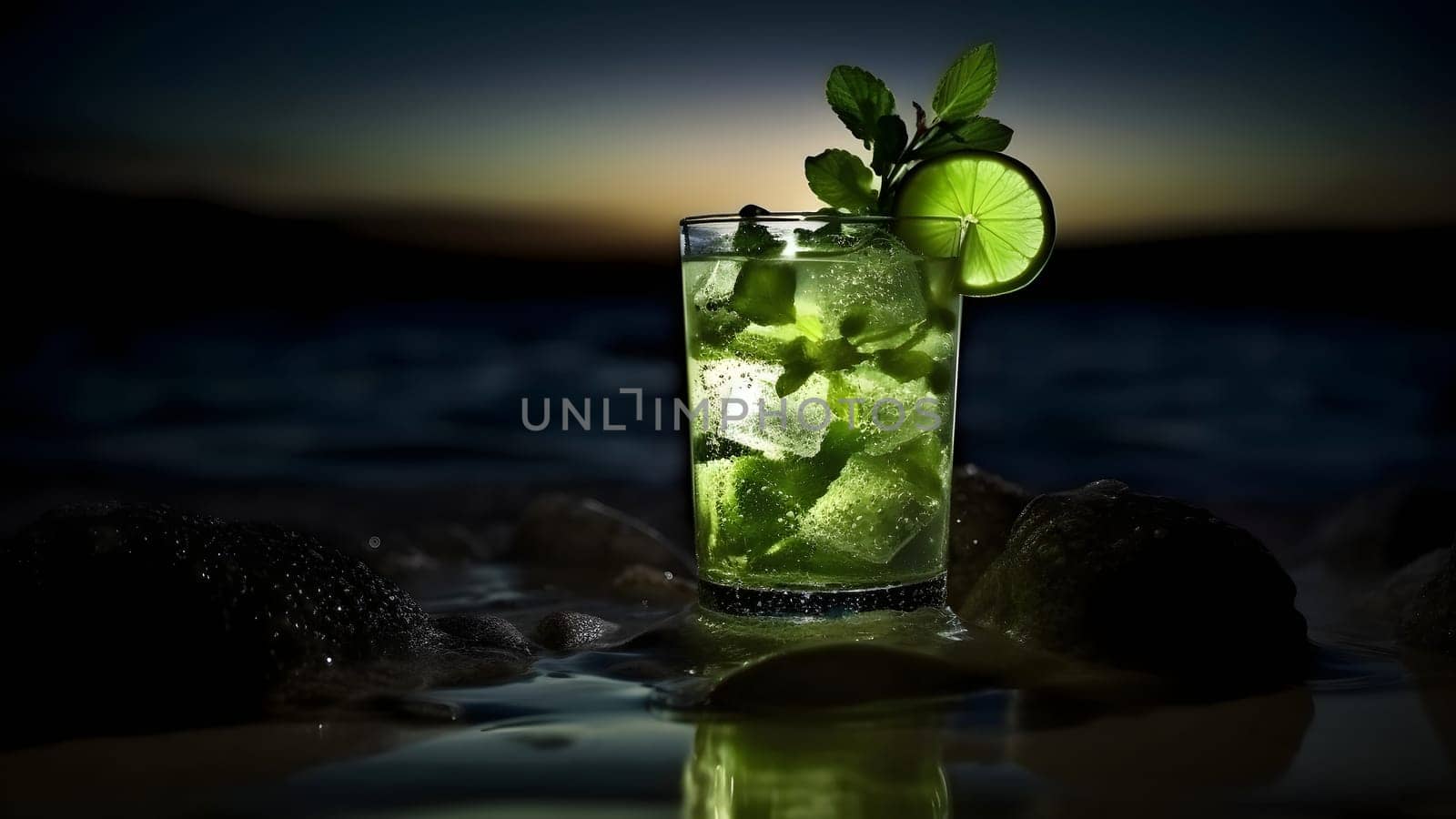 a glass of refreshing green mint mojito summer drink on sea background at summer night, closeup with selective focus and copy space, neural network generated image by z1b