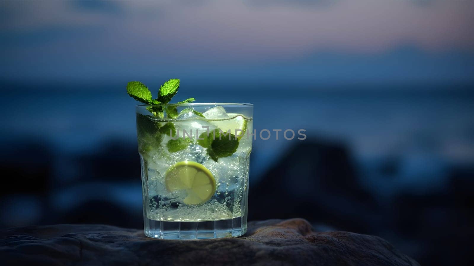 a glass of refreshing green mint mojito summer drink on sea background at summer evening, closeup with selective focus and copy space, neural network generated image by z1b