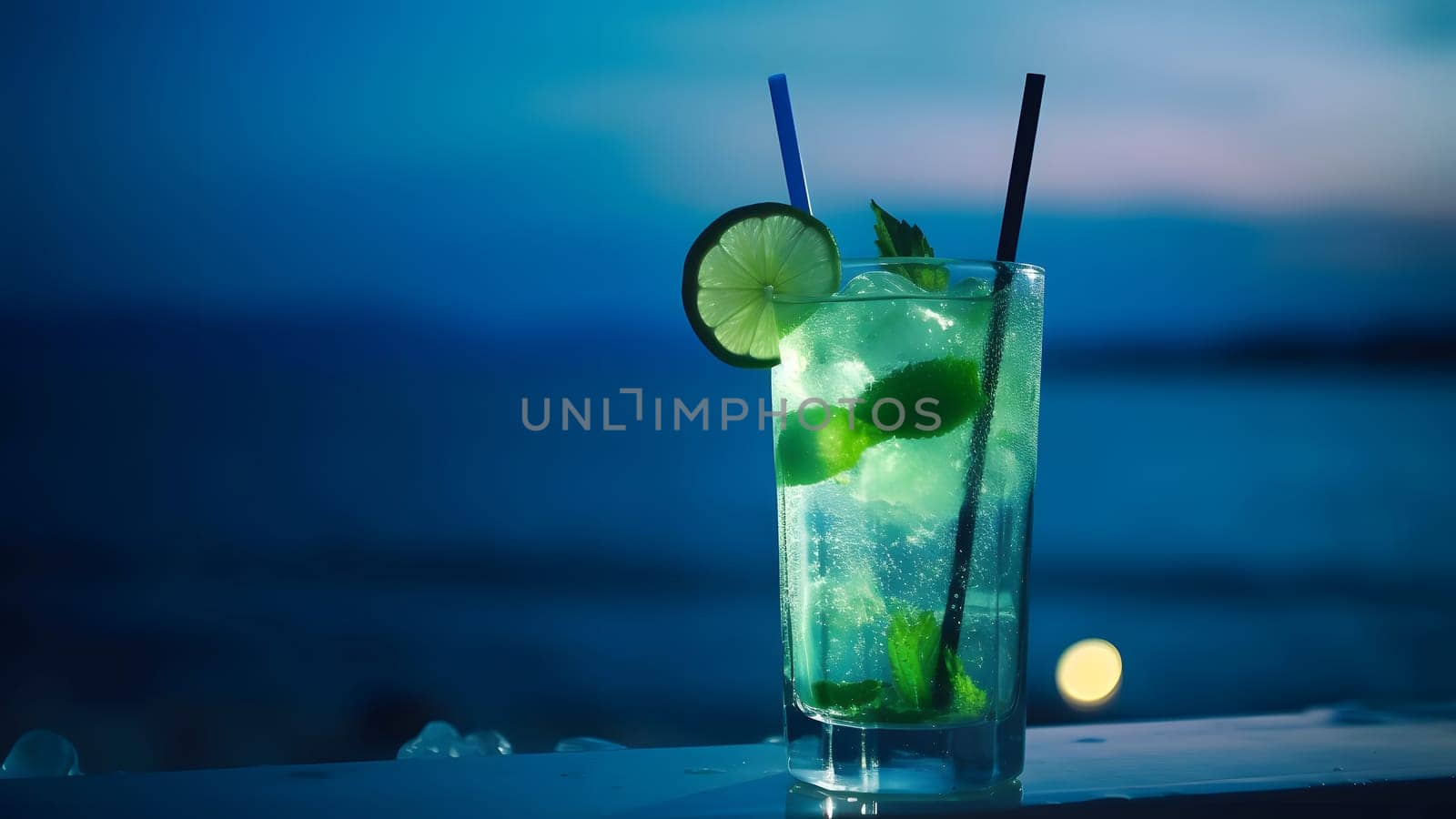 a glass of refreshing green mint mojito summer drink on sea background at summer evening, closeup with selective focus and copy space, neural network generated image by z1b