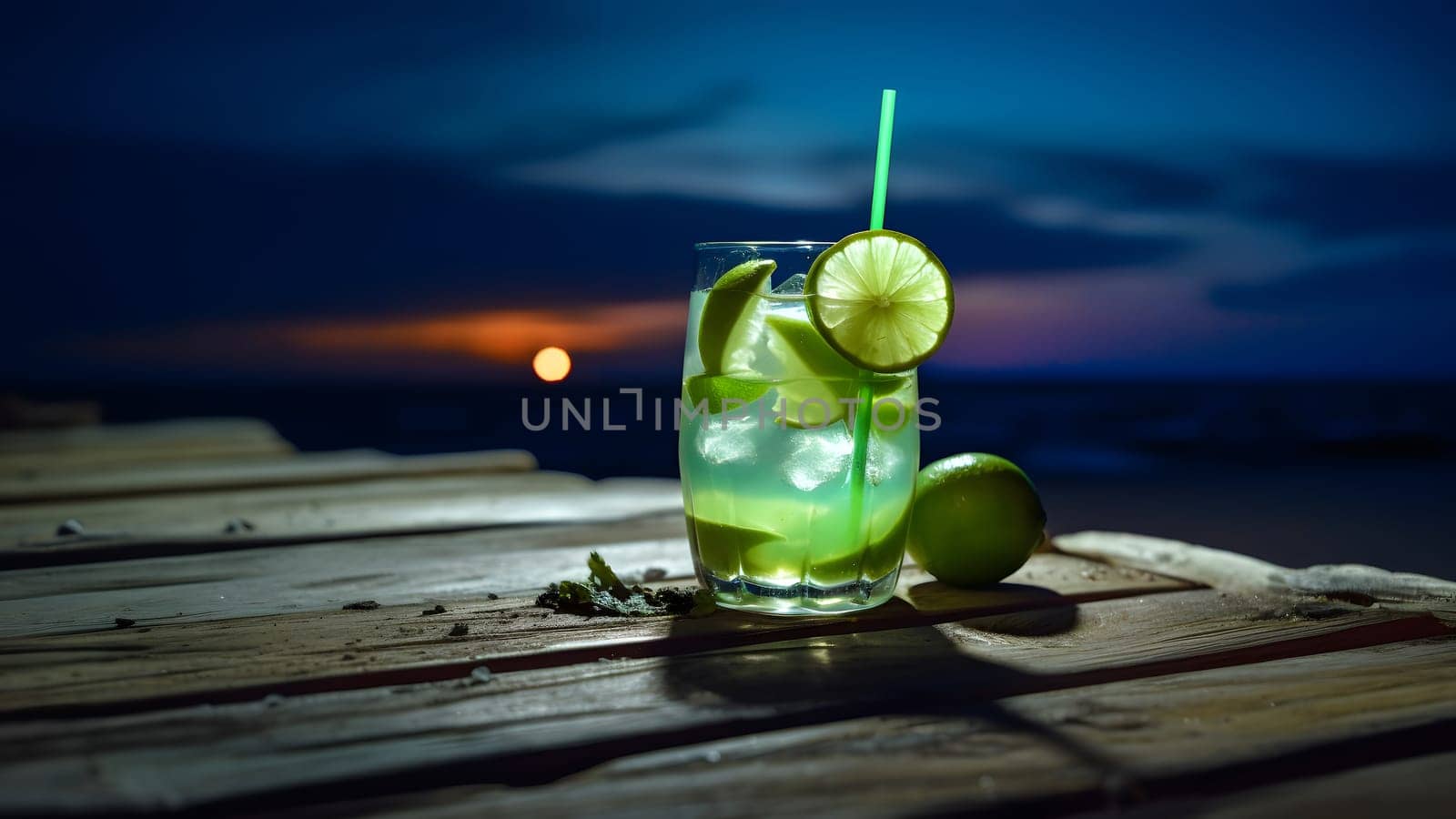a glass of refreshing green mint mojito summer drink on sea background at summer night, closeup with selective focus and copy space, neural network generated image by z1b