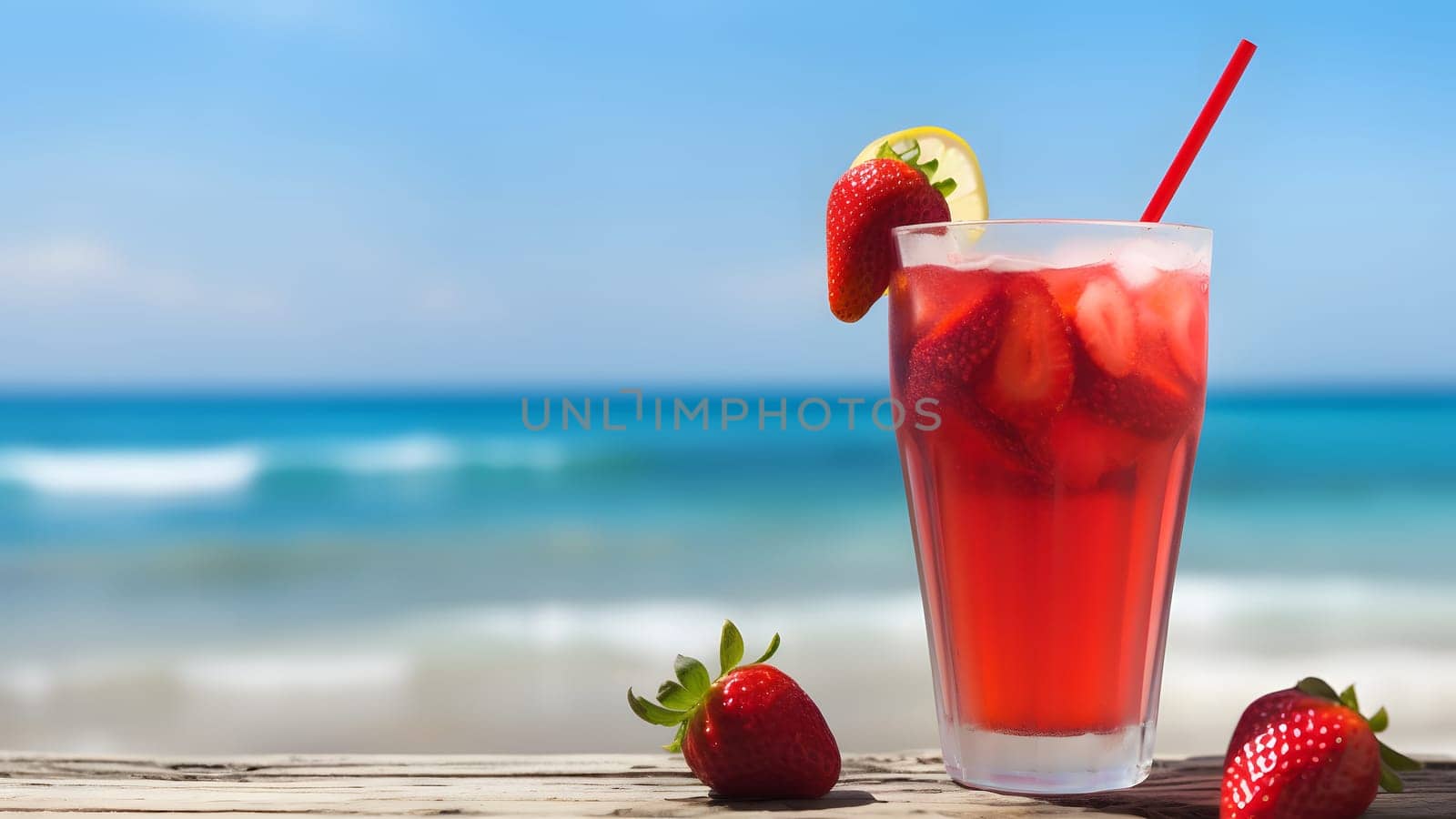 A glass of strawberries cold refreshing drink on sea background at sunny summer day. Neural network generated in May 2023. Not based on any actual person, scene or pattern.