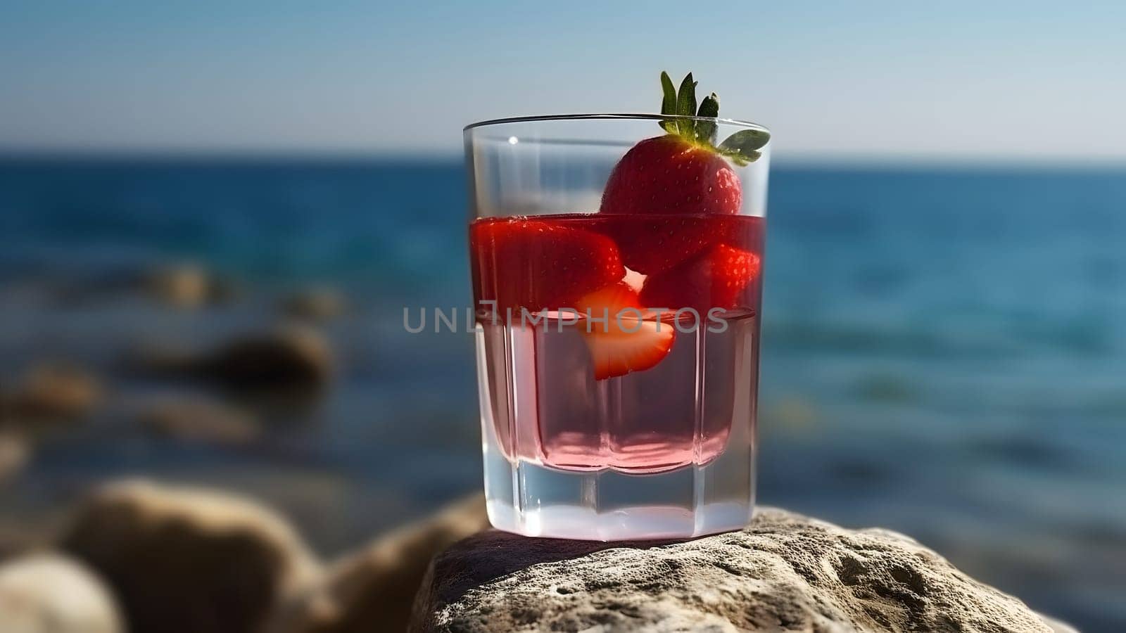 A glass of strawberries cold refreshing drink on sea background at sunny summer day. Neural network generated in May 2023. Not based on any actual person, scene or pattern.