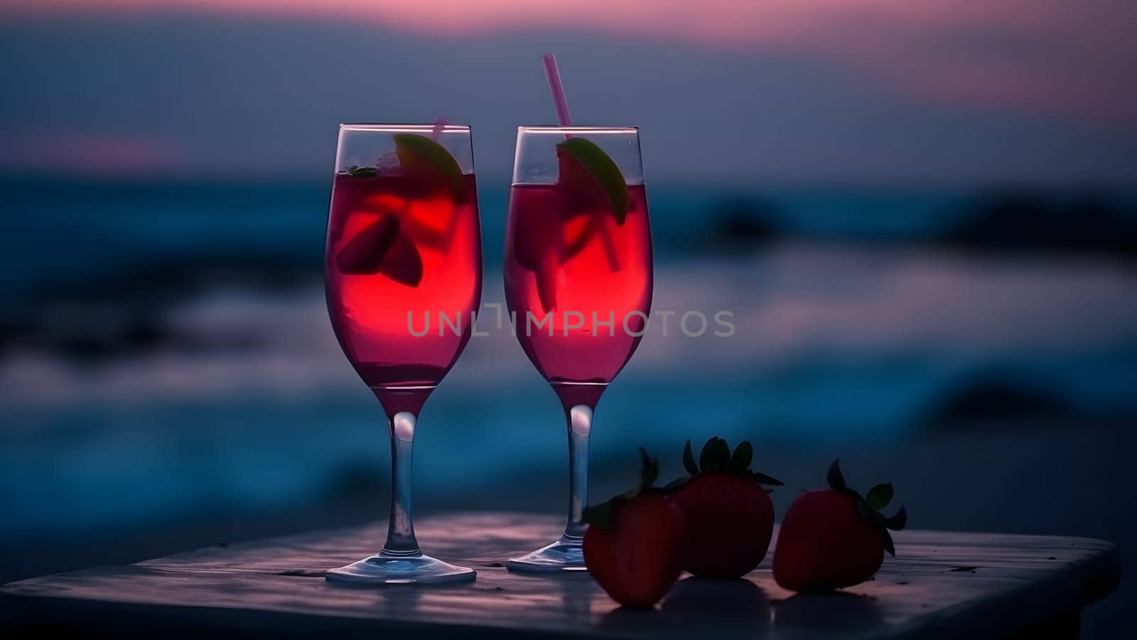 Two glasses of strawberries cold refreshing drink on sea background at summer evening, neural network generated image by z1b