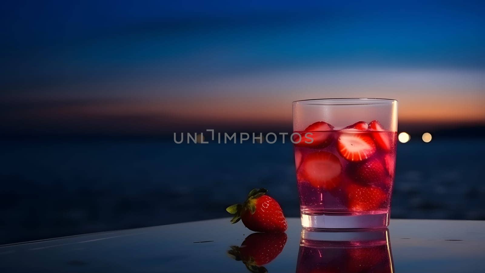 One glass of strawberries cold refreshing drink on sea background at summer evening. Neural network generated in May 2023. Not based on any actual person, scene or pattern.