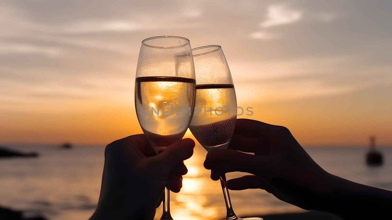 Two caucasian hands holding champagne glasses over the sea. Romantic vacation. Neural network generated in May 2023. Not based on any actual person, scene or pattern.