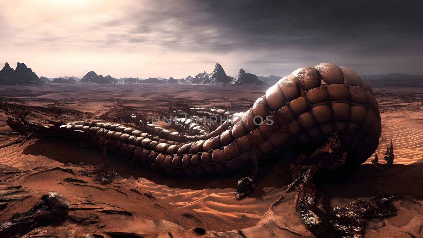 giant worm creature on martian desert surface. Neural network generated in May 2023. Not based on any actual person, scene or pattern.