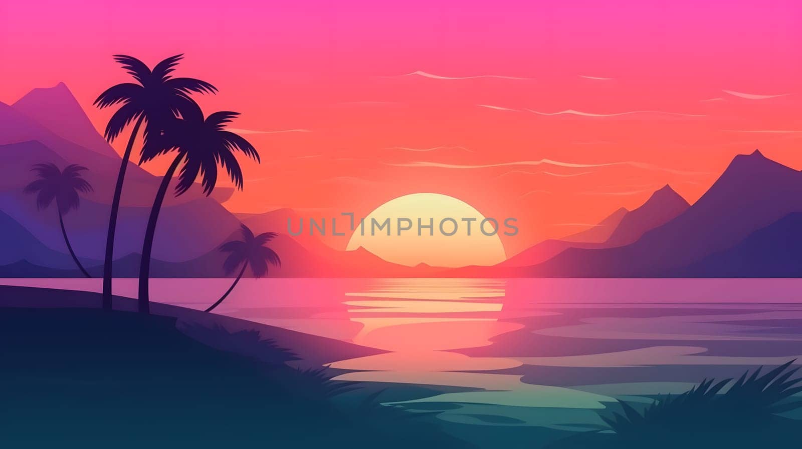 generic low-fi synthvawe gradient sunset landscape in neon colors, neural network generated image by z1b