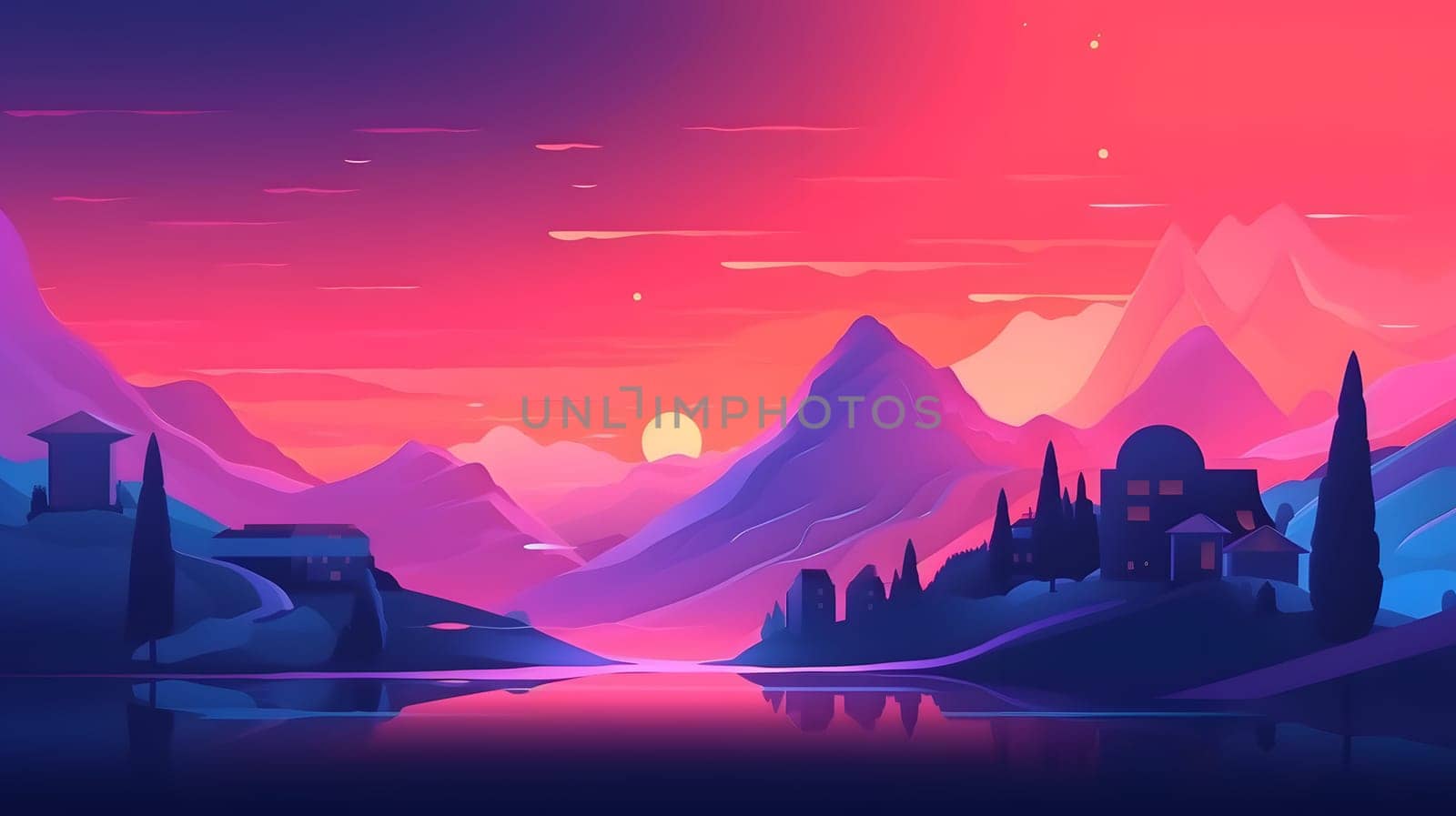 generic low-fi mediterranean synthvawe gradient sunset landscape in neon colors, neural network generated image by z1b