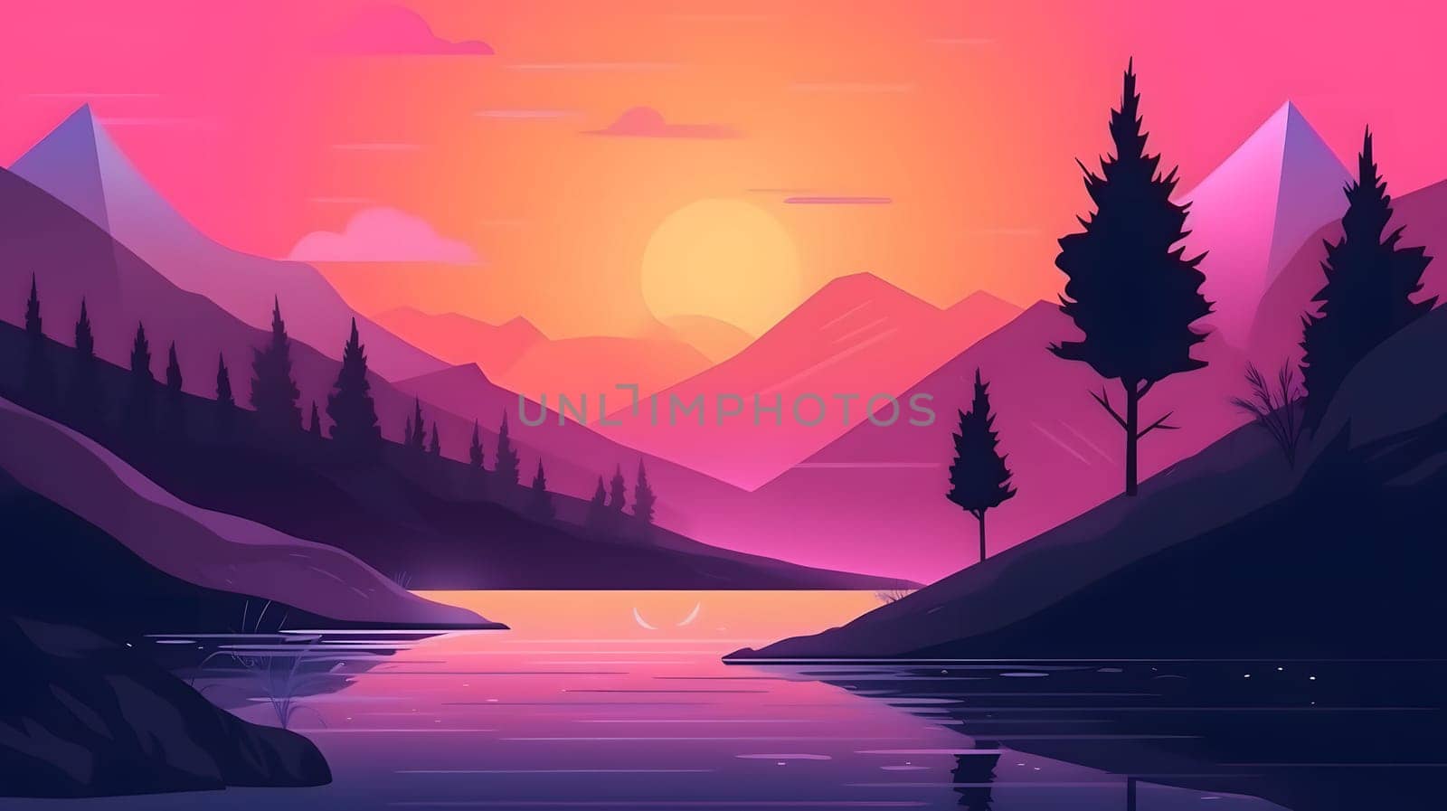 generic low-fi synthvawe gradient sunset landscape in neon colors, neural network generated image by z1b