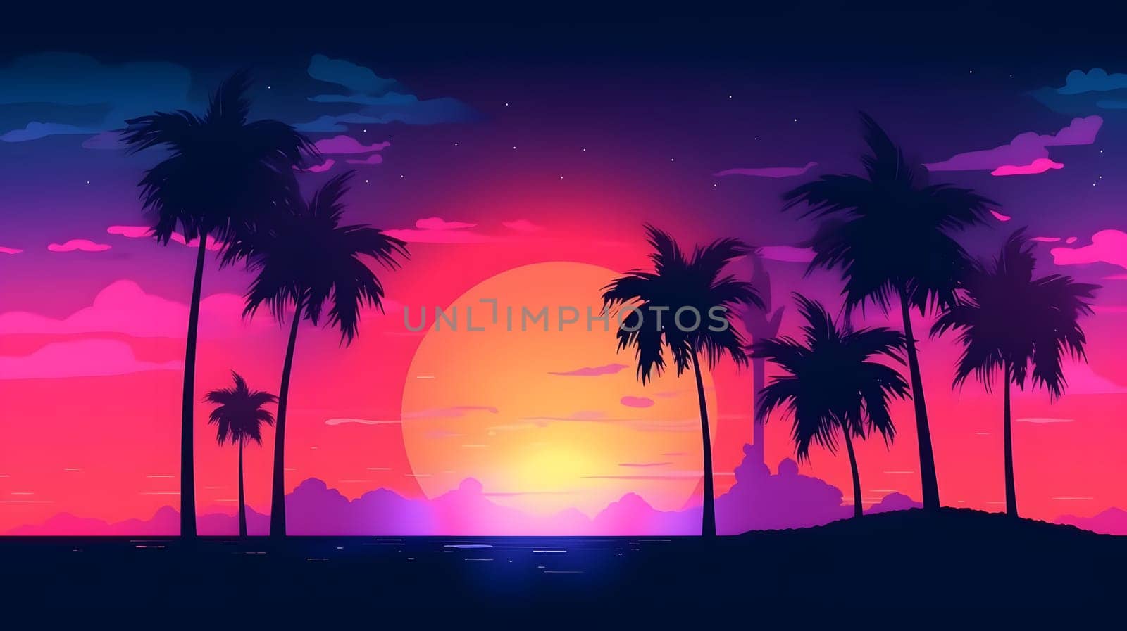 generic low-fi synthvawe gradient sunset landscape with palm trees silhouettes in neon colors. Neural network generated in May 2023. Not based on any actual person, scene or pattern.