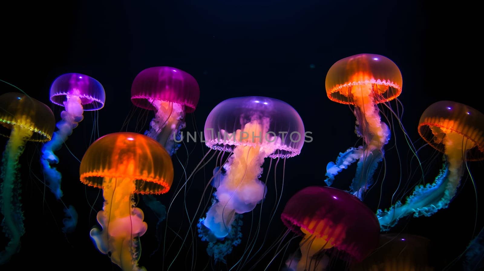 glowing sea jellyfishes on dark background, neural network generated art. Neural network generated in May 2023. Not based on any actual scene or pattern.