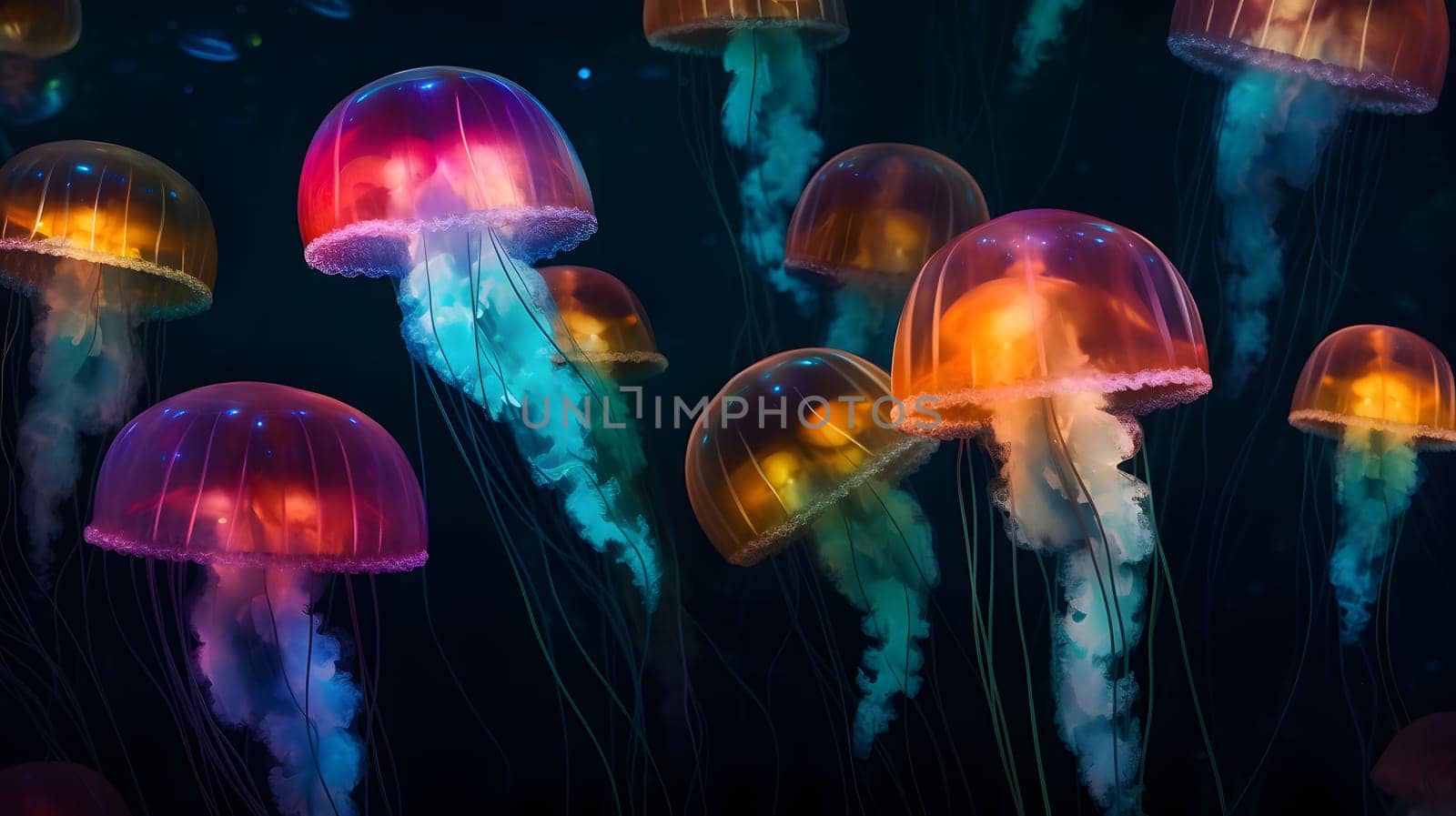 glowing sea jellyfishes on dark background, neural network generated art. Neural network generated in May 2023. Not based on any actual scene or pattern.