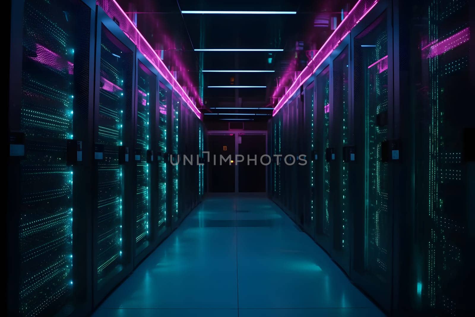 data center with multiple rows of fully operational servers in cyan-purple colors, neural network generated image by z1b