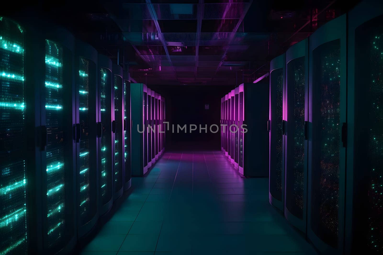 data center with multiple rows of fully operational servers in cyan-purple colors. Neural network generated in May 2023. Not based on any actual scene or pattern.