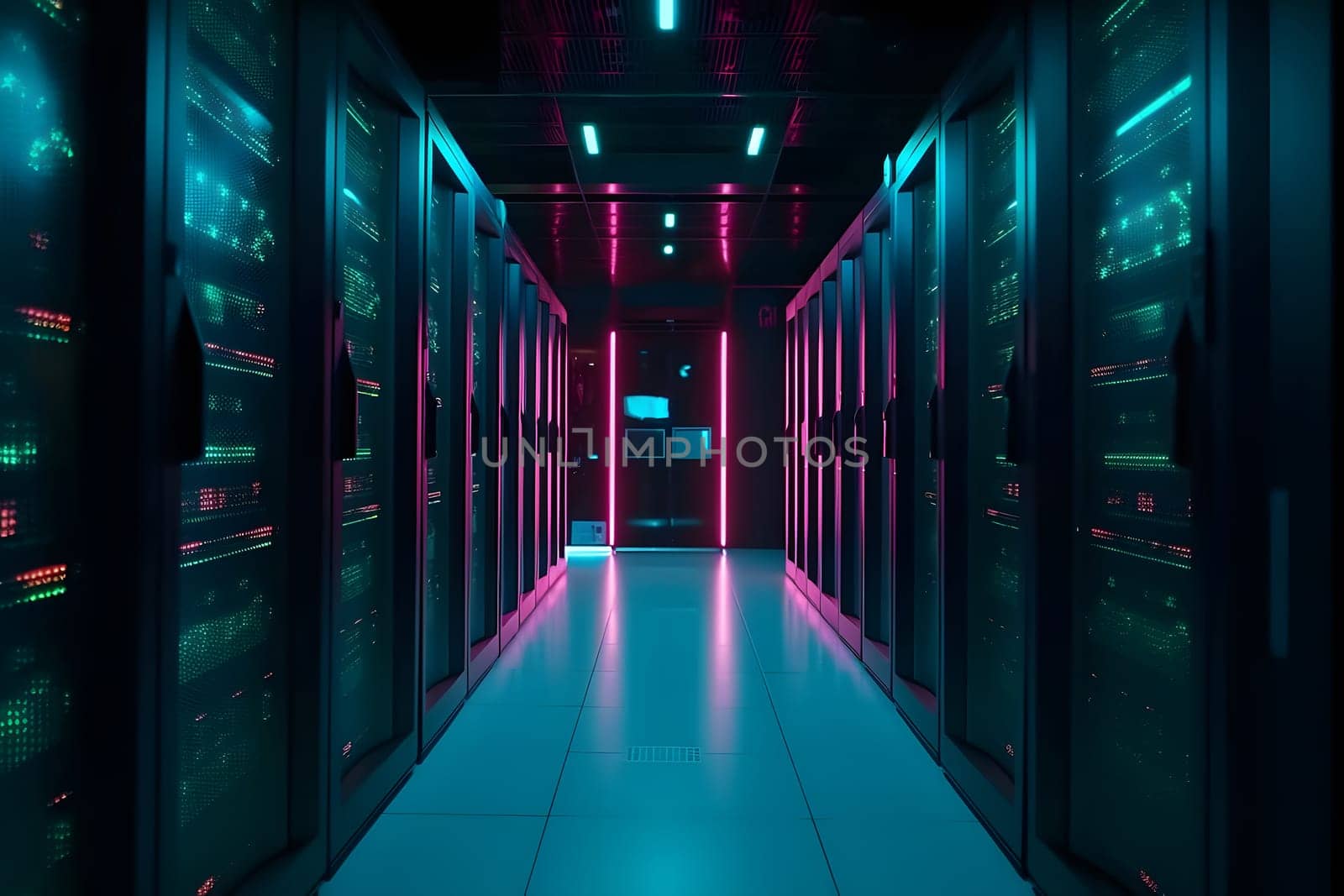 data center with multiple rows of fully operational servers in cyan-purple colors, neural network generated image by z1b