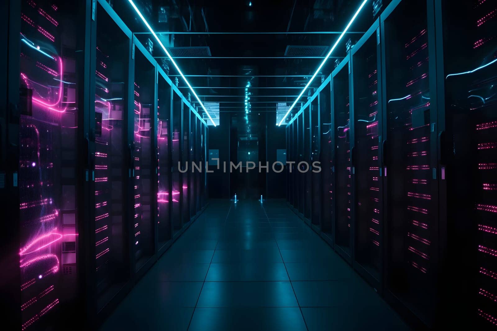 data center with multiple rows of fully operational servers in cyan-purple colors. Neural network generated in May 2023. Not based on any actual scene or pattern.