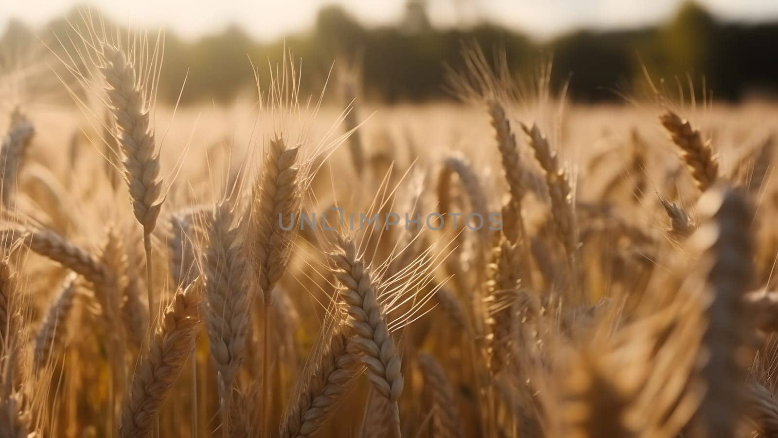 Spikes of ripe wheat at sunny day, close-up with selective focus, neural network generated image by z1b