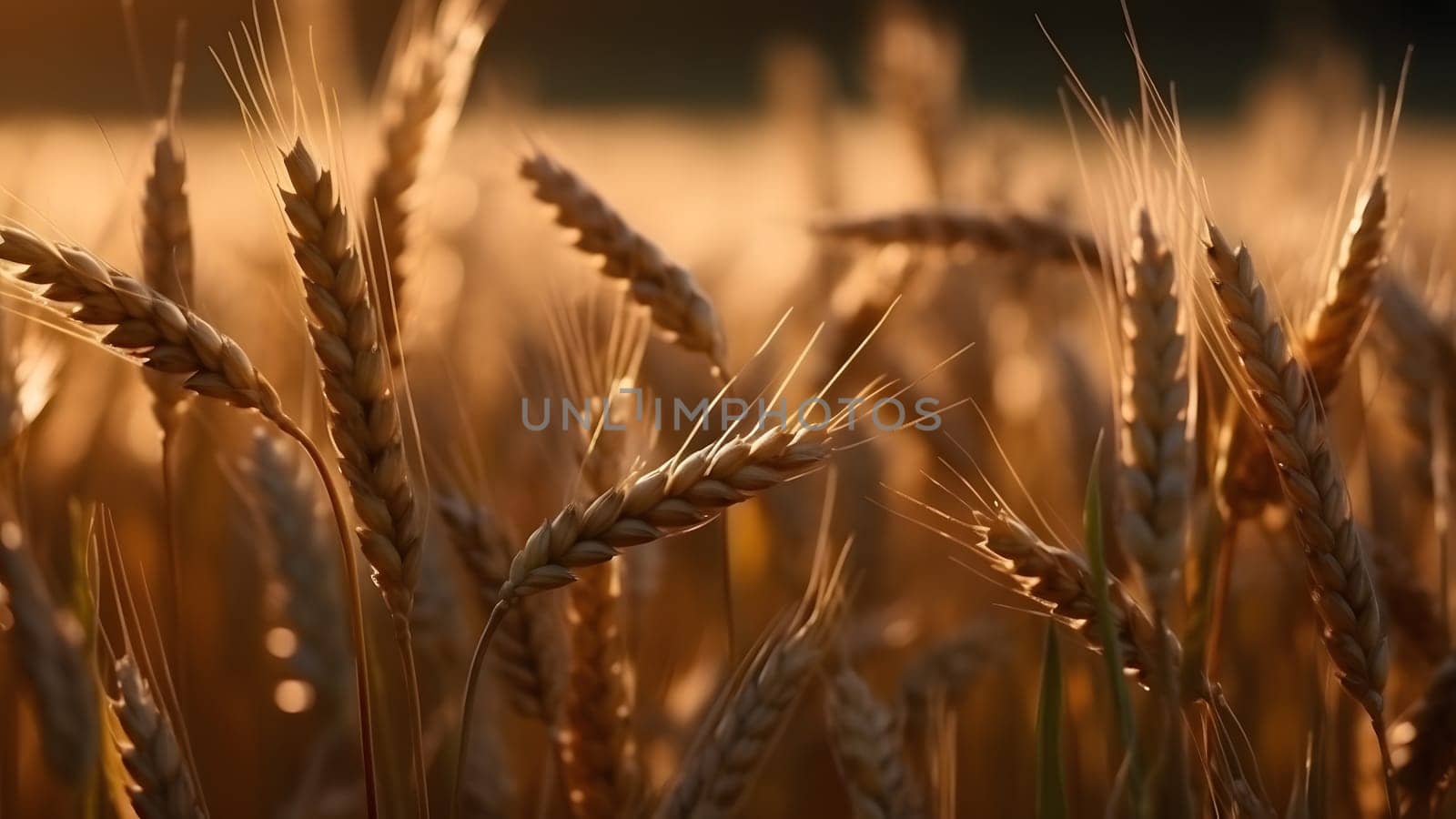 Spikes of ripe wheat at sunny day, close-up with selective focus, neural network generated image by z1b