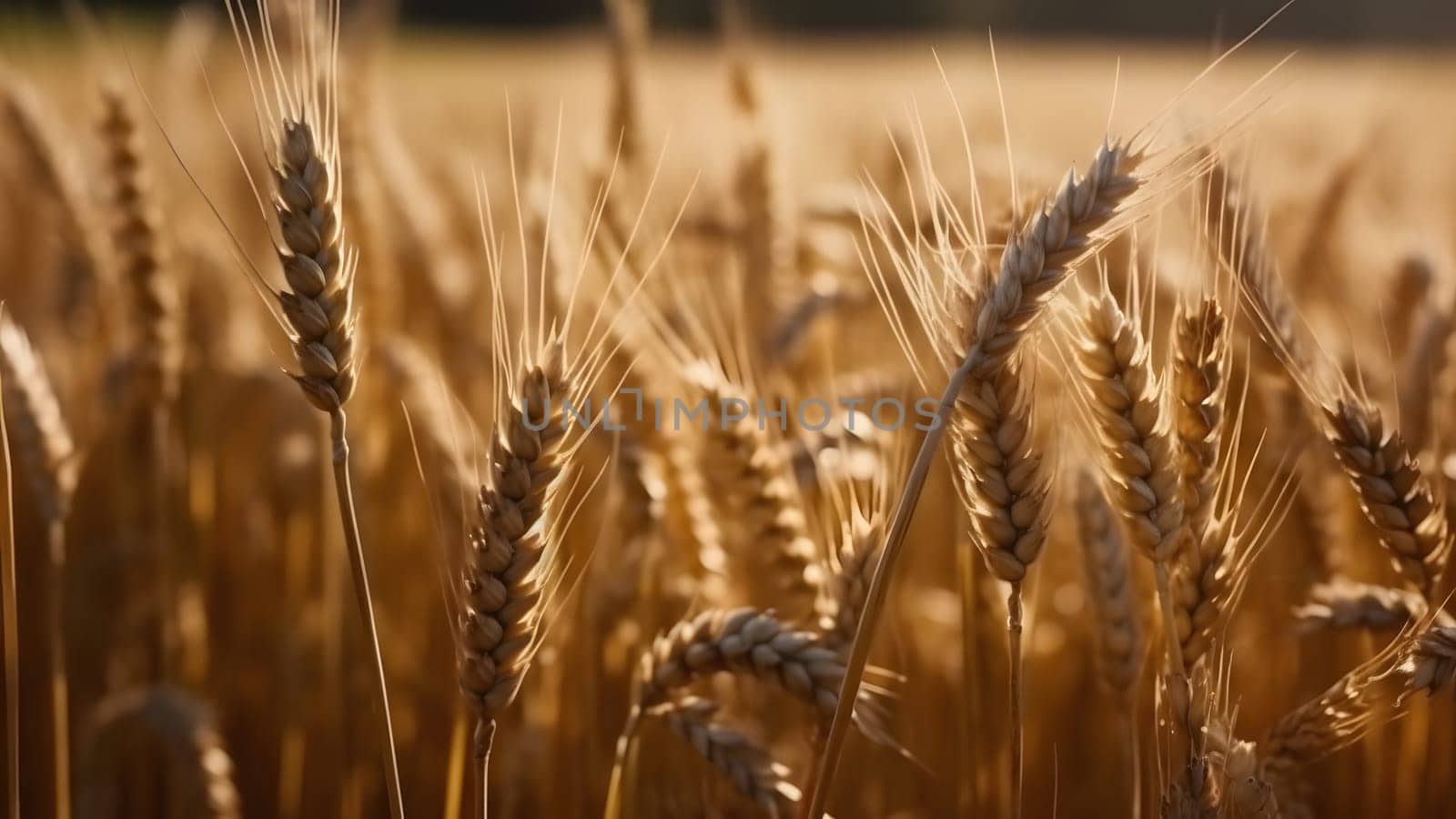 Spikes of ripe wheat at sunny day, close-up with selective focus. Neural network generated in May 2023. Not based on any actual person, scene or pattern.