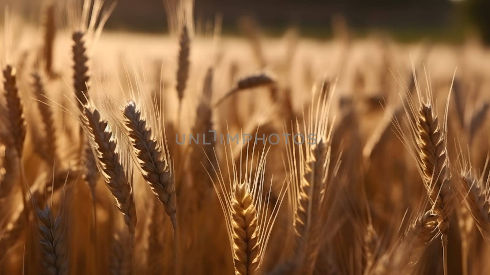 Spikes of ripe wheat at sunny day, close-up with selective focus, neural network generated image by z1b
