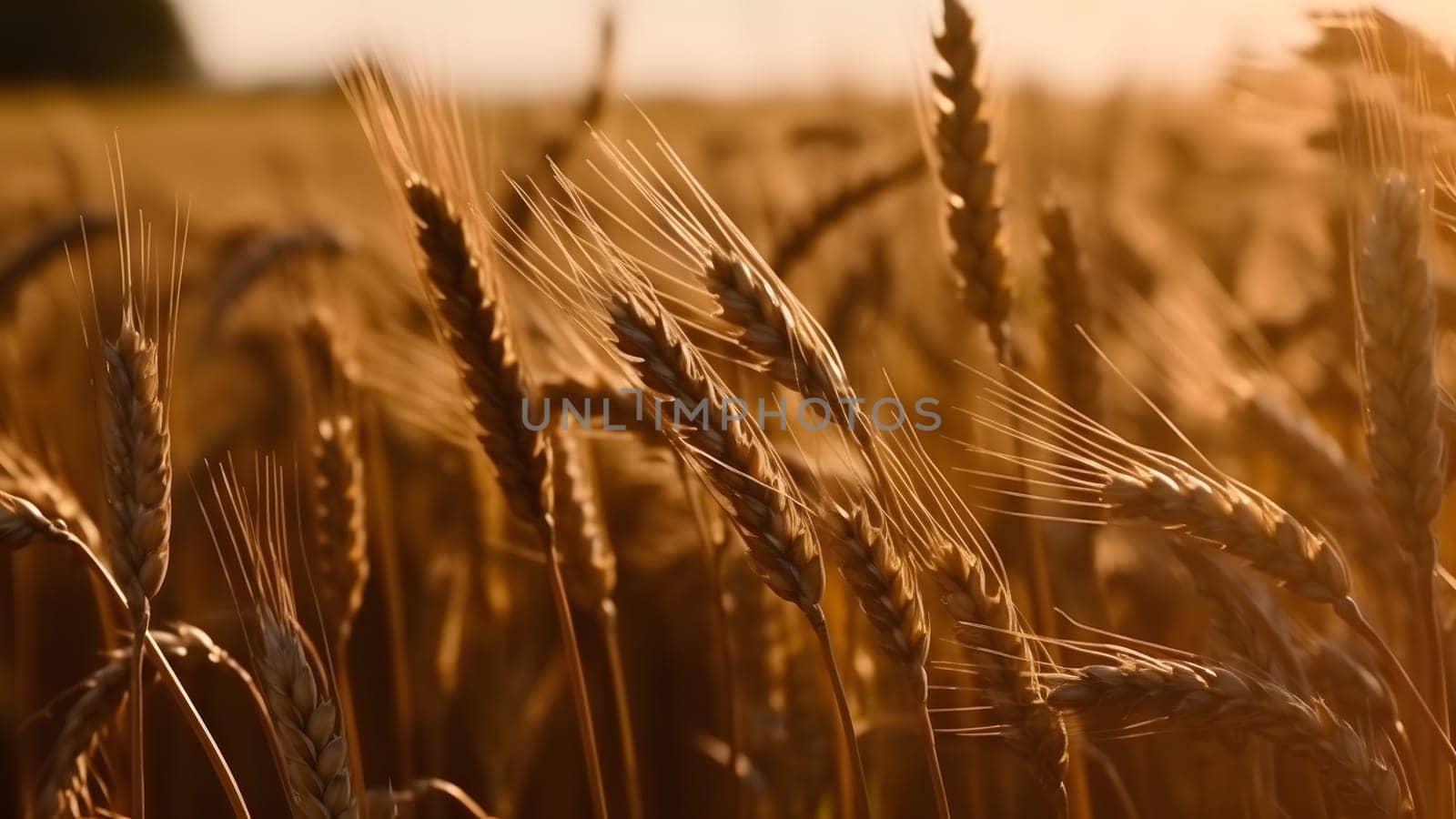 Spikes of ripe wheat at sunny day, close-up with selective focus. Neural network generated in May 2023. Not based on any actual person, scene or pattern.