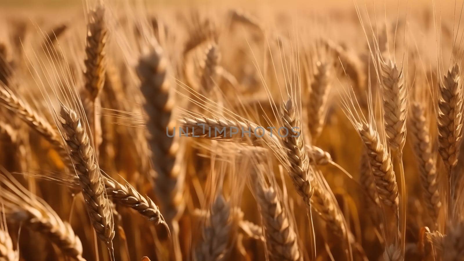 Spikes of ripe wheat at sunny day, close-up with selective focus. Neural network generated in May 2023. Not based on any actual person, scene or pattern.