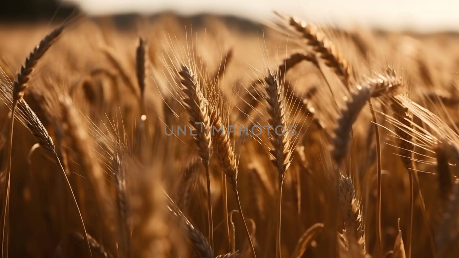 Spikes of ripe wheat at sunny day, close-up with selective focus. Neural network generated in May 2023. Not based on any actual person, scene or pattern.