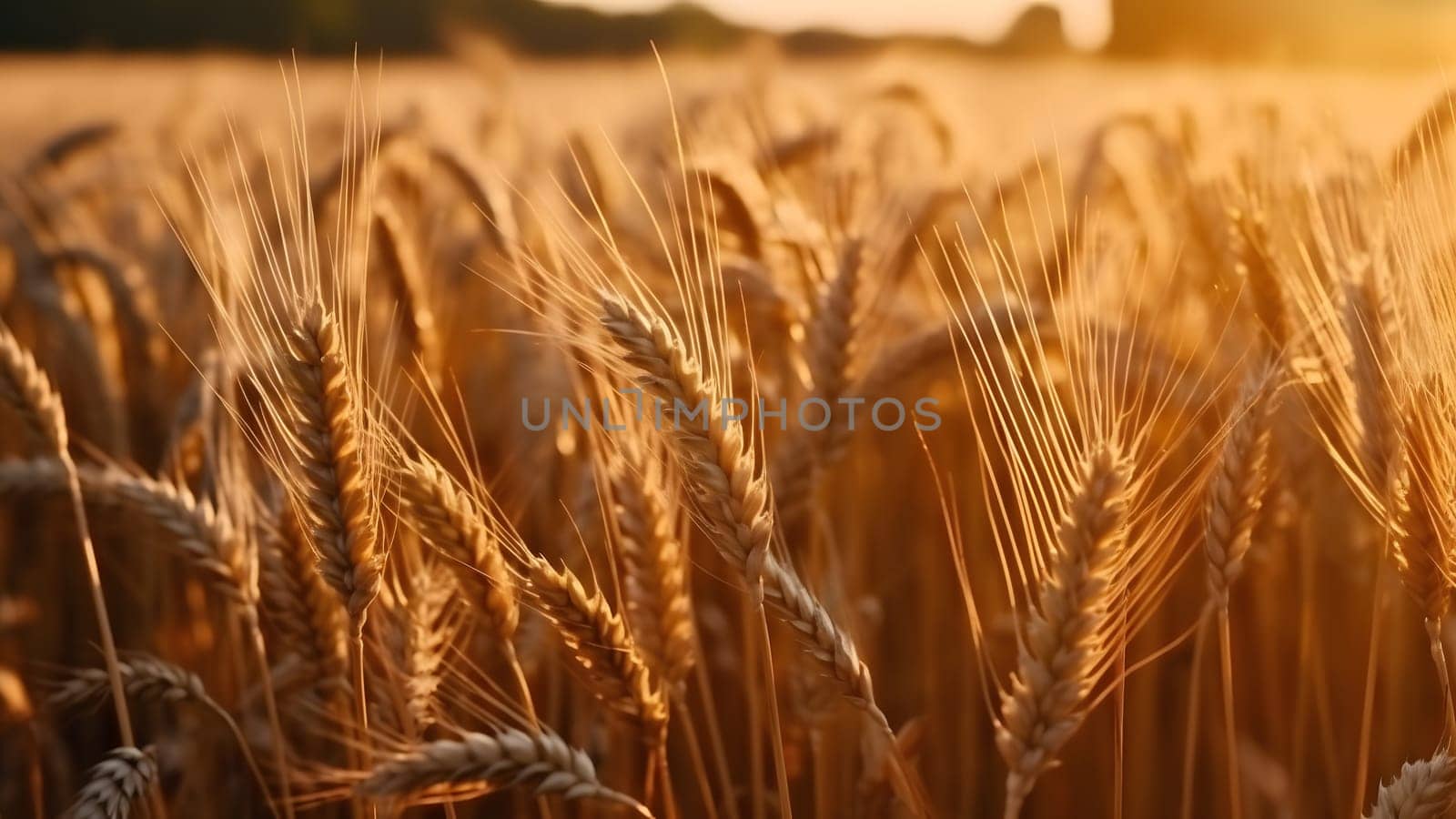 Spikes of ripe wheat at sunny day, close-up with selective focus. Neural network generated in May 2023. Not based on any actual person, scene or pattern.