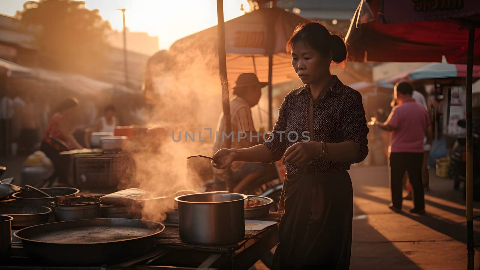 thai woman selling pho at evening street market. Neural network generated in May 2023. Not based on any actual person, scene or pattern.