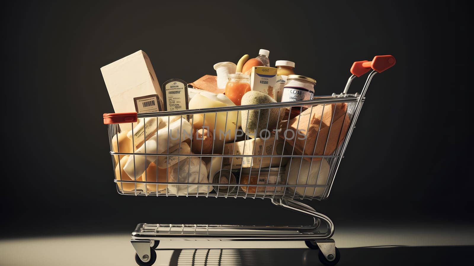 supermarket cart filled with products on black background, neural network generated image by z1b