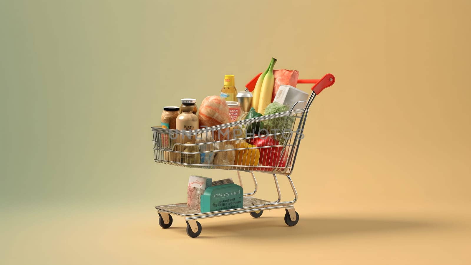 toy supermarket cart filled with products on yellow background. Neural network generated in May 2023. Not based on any actual person, scene or pattern.