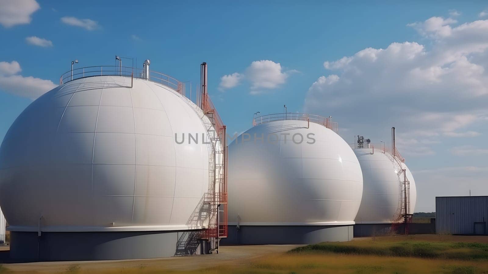 white spherical tanks for storing hydrogen gas at outdoor storage facility, neural network generated image by z1b