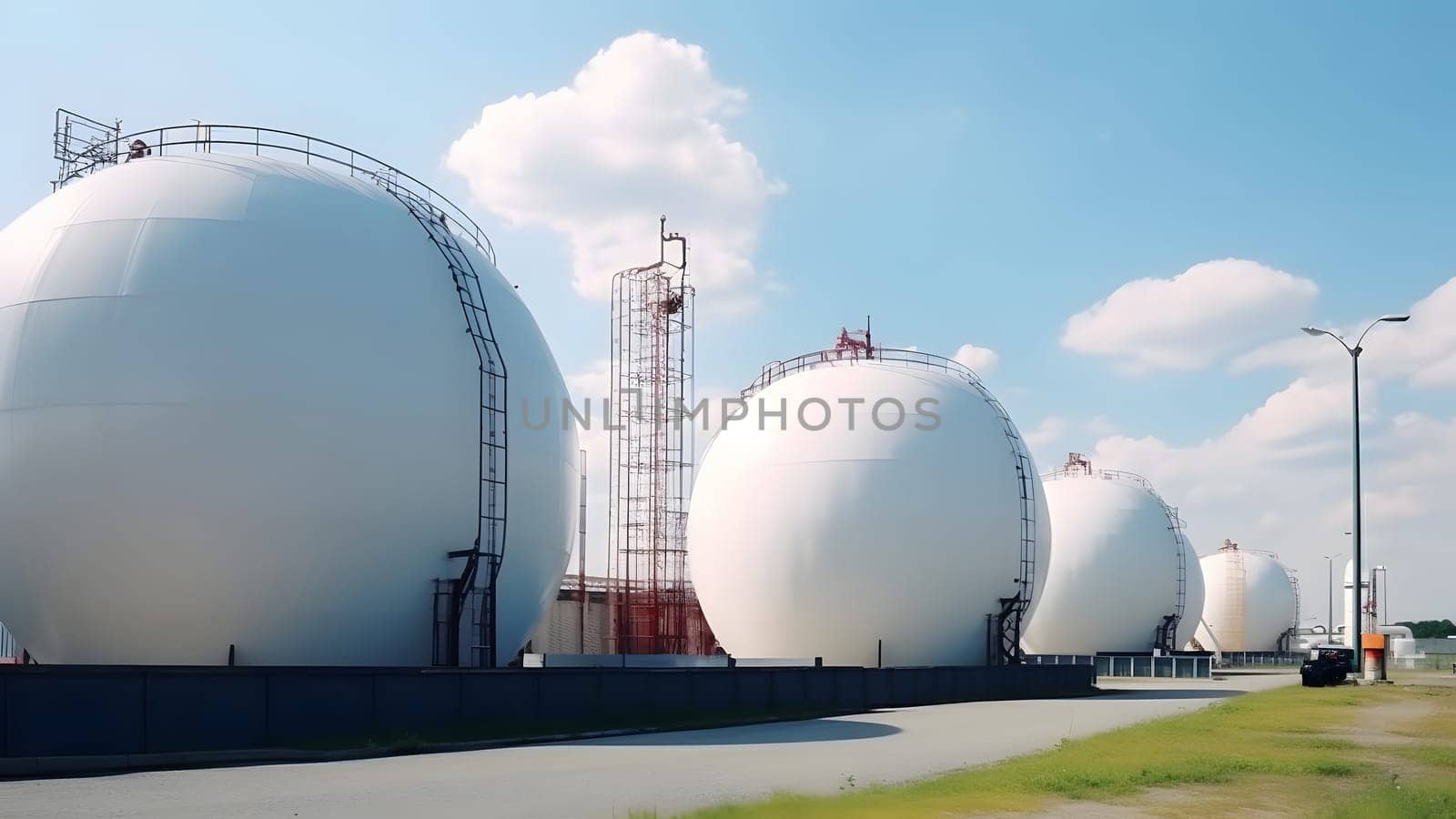 white spherical tanks for storing hydrogen gas at outdoor storage facility, neural network generated image by z1b