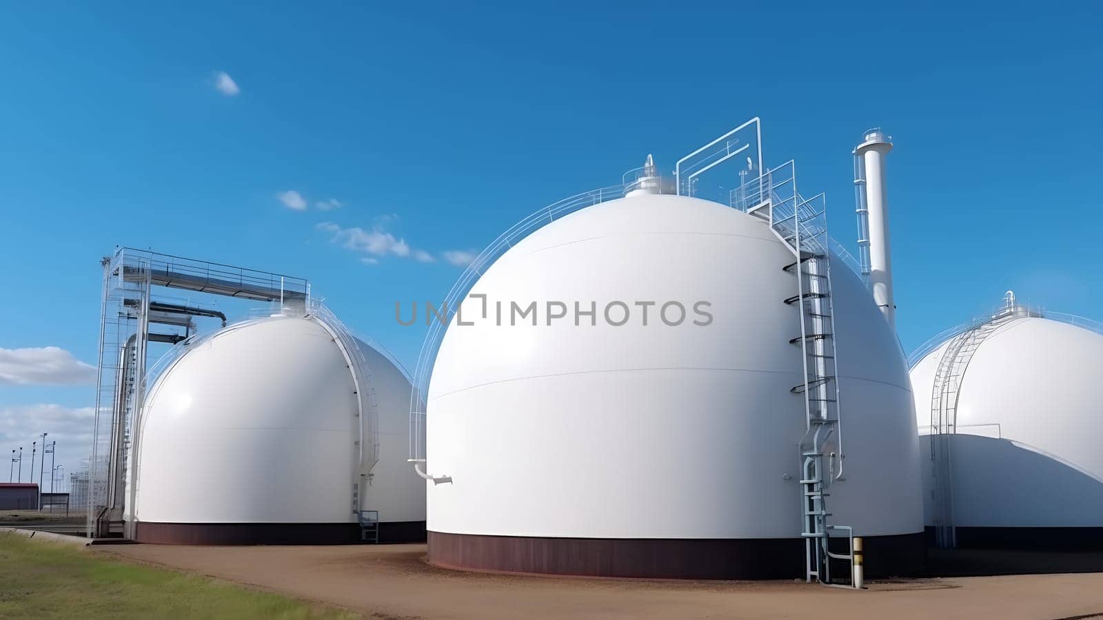 white spherical tanks for storing hydrogen gas at outdoor storage facility. Neural network generated in May 2023. Not based on any actual person, scene or pattern.