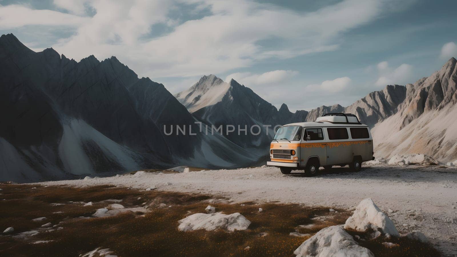 Retro camper in high mountains at morning, neural network generated image by z1b