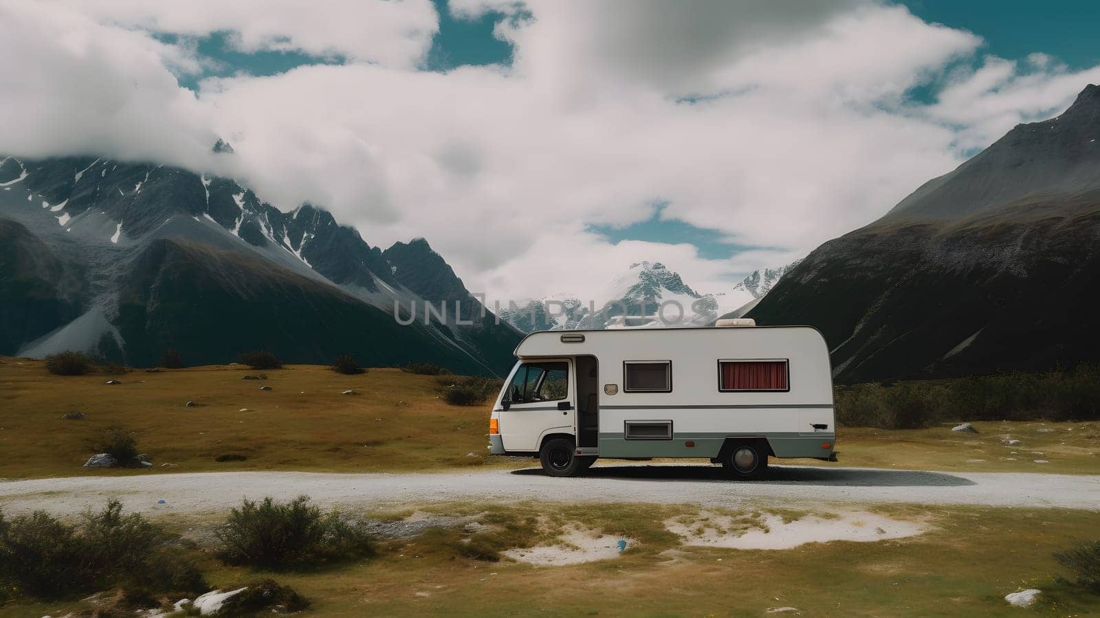 Retro camper in high mountains at morning, neural network generated image by z1b