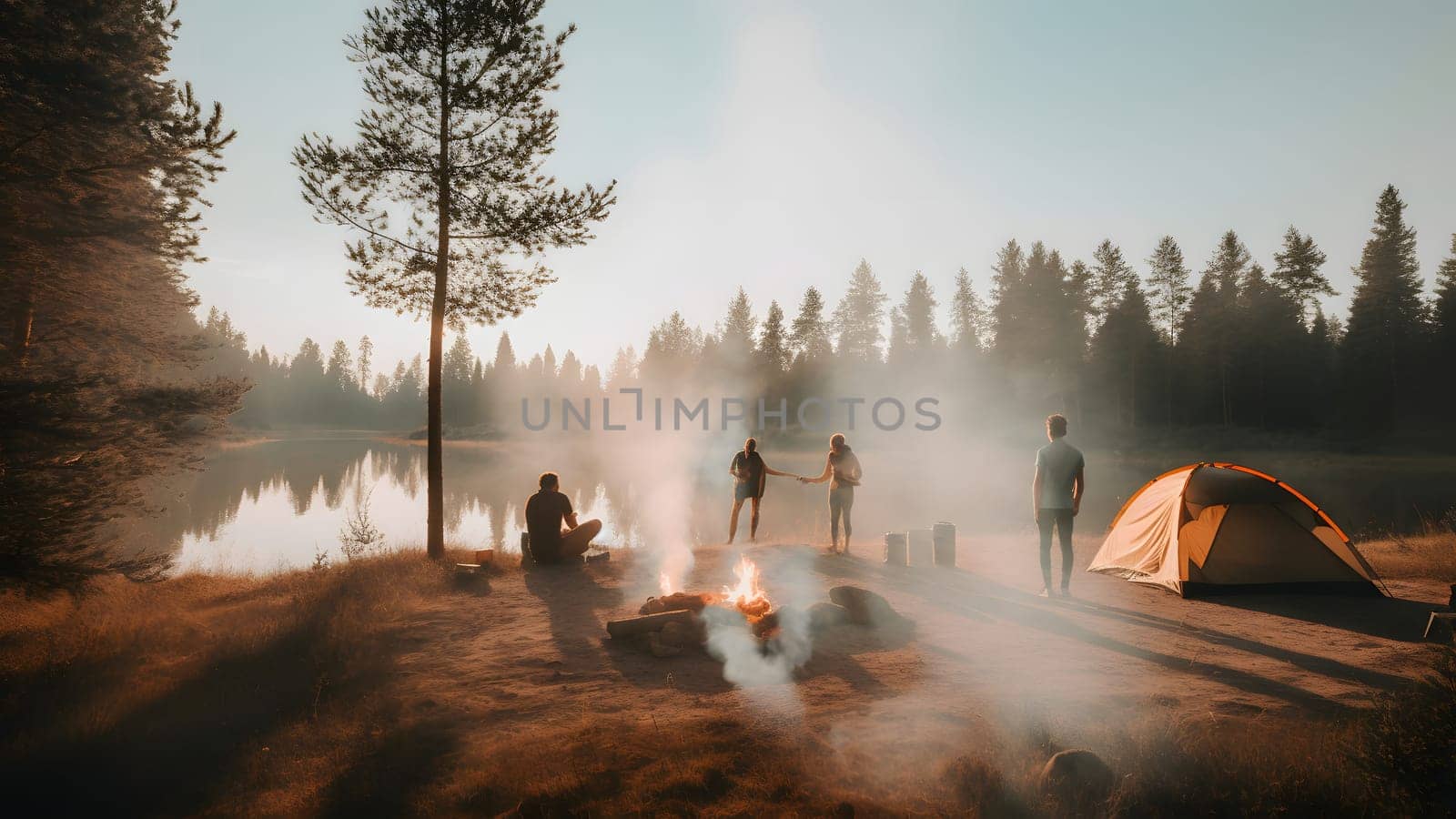 summer camping site with one orange tent near summer lake and group of tourists. Neural network generated in May 2023. Not based on any actual person, scene or pattern.