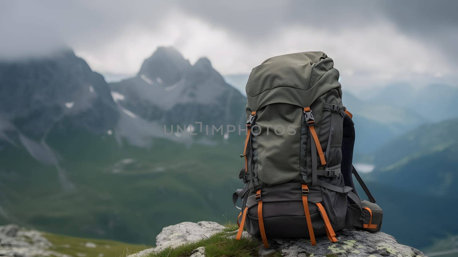 Big hiking and trekking backpack with blurred mountains in the background. Neural network generated in May 2023. Not based on any actual person, scene or pattern.
