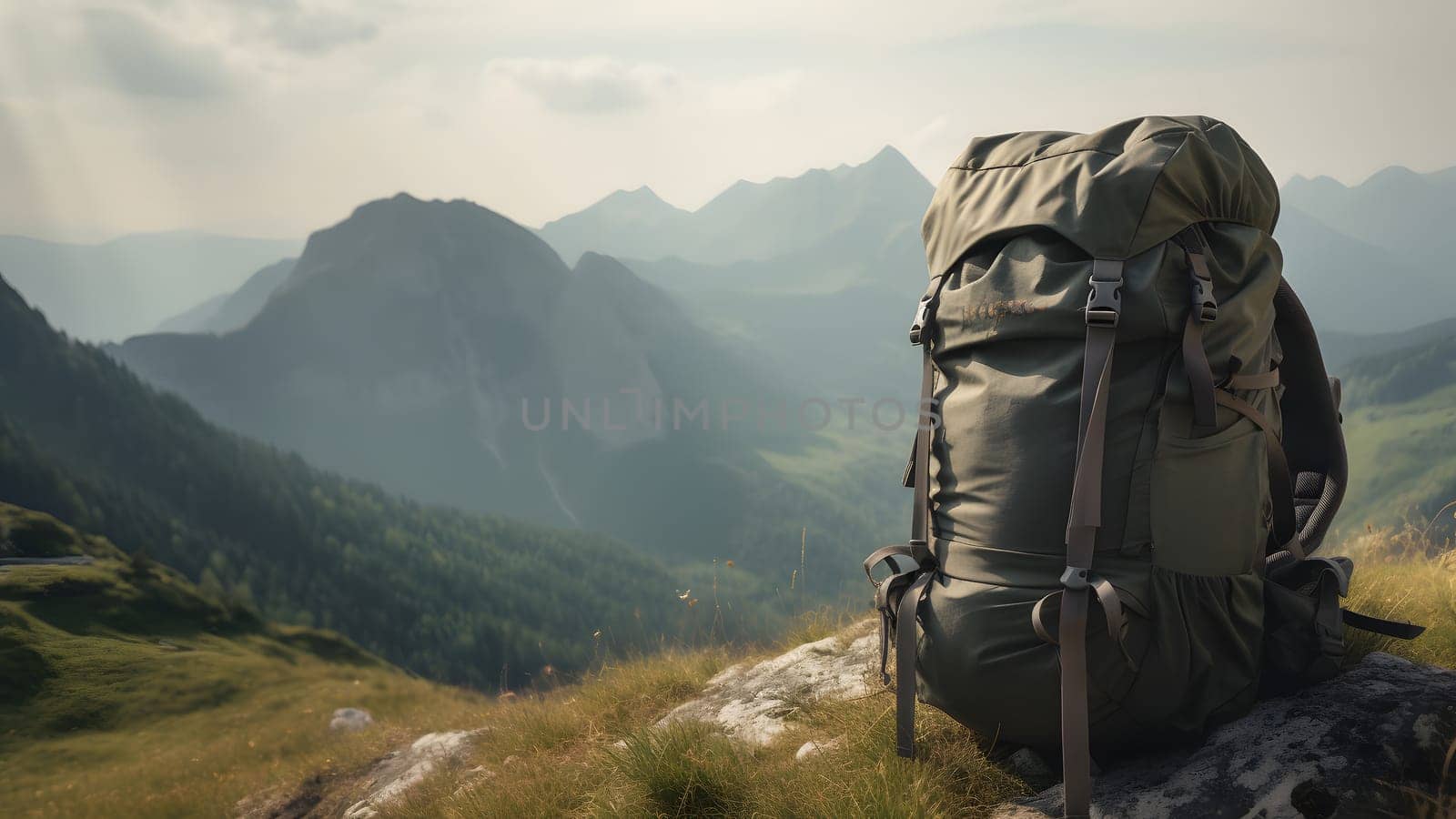 Big hiking and trekking backpack with blurred mountains in the background. Neural network generated in May 2023. Not based on any actual person, scene or pattern.