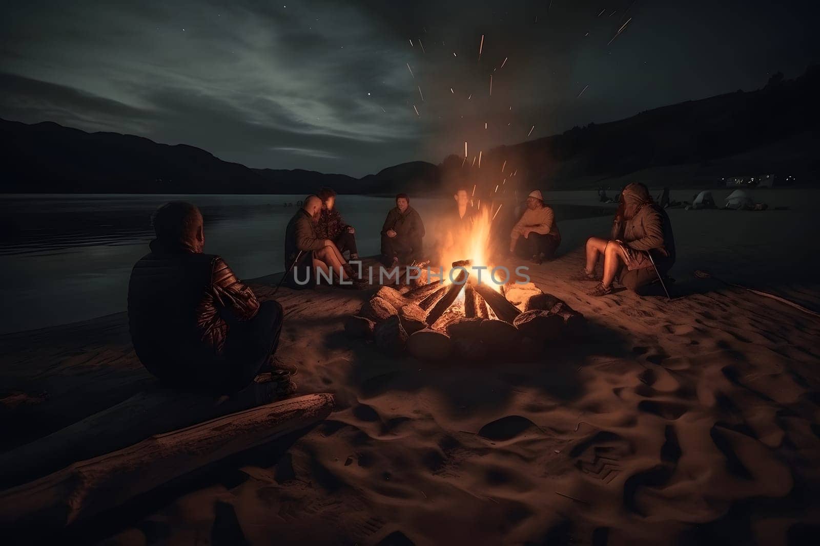 Night campfire at night near summer lake with sitting tourists around. Neural network generated in May 2023. Not based on any actual person, scene or pattern.