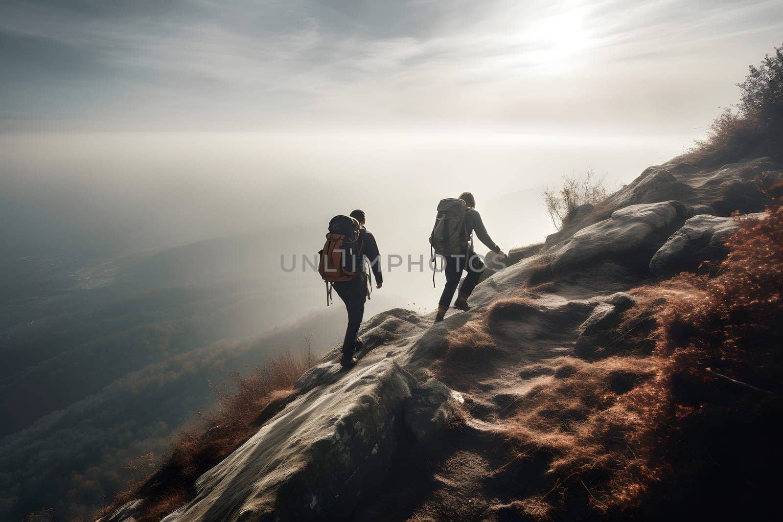 Hikers climbing on mountain. Help, risk and support concept.. Neural network generated in May 2023. Not based on any actual person, scene or pattern.