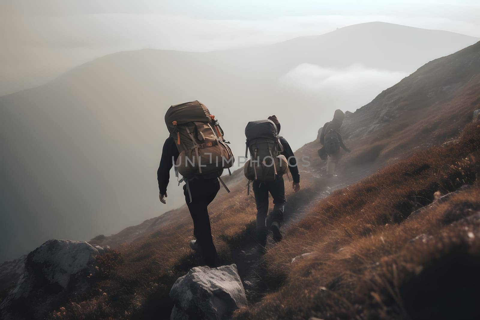 Hikers climbing on mountain. Help, risk and support concept.. Neural network generated in May 2023. Not based on any actual person, scene or pattern.