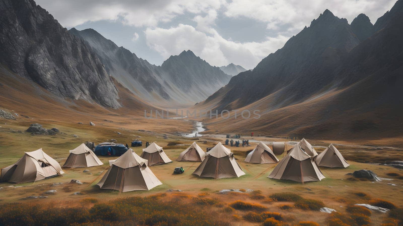large tourist tent camp at autumn highlands at sunny day. Neural network generated in May 2023. Not based on any actual person, scene or pattern.