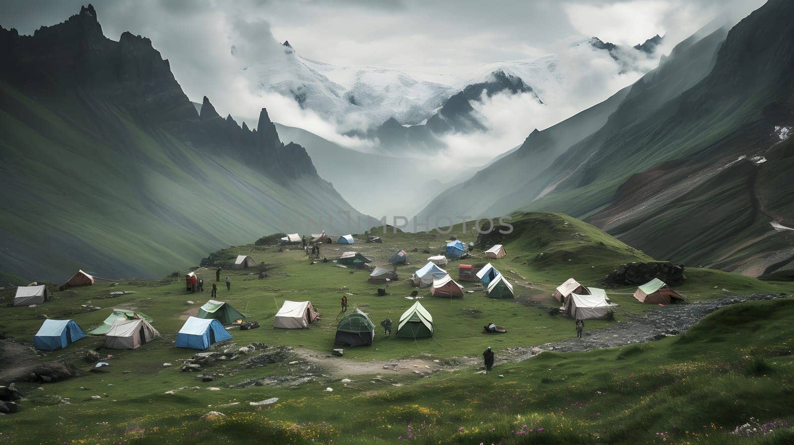 large tourist tent camp at summer highlands at sunny day, neural network generated picture by z1b