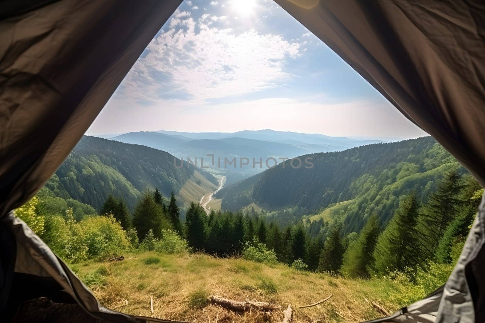 View from tourist tent to the mountain valley at sunny summer morning. Neural network generated in May 2023. Not based on any actual person, scene or pattern.