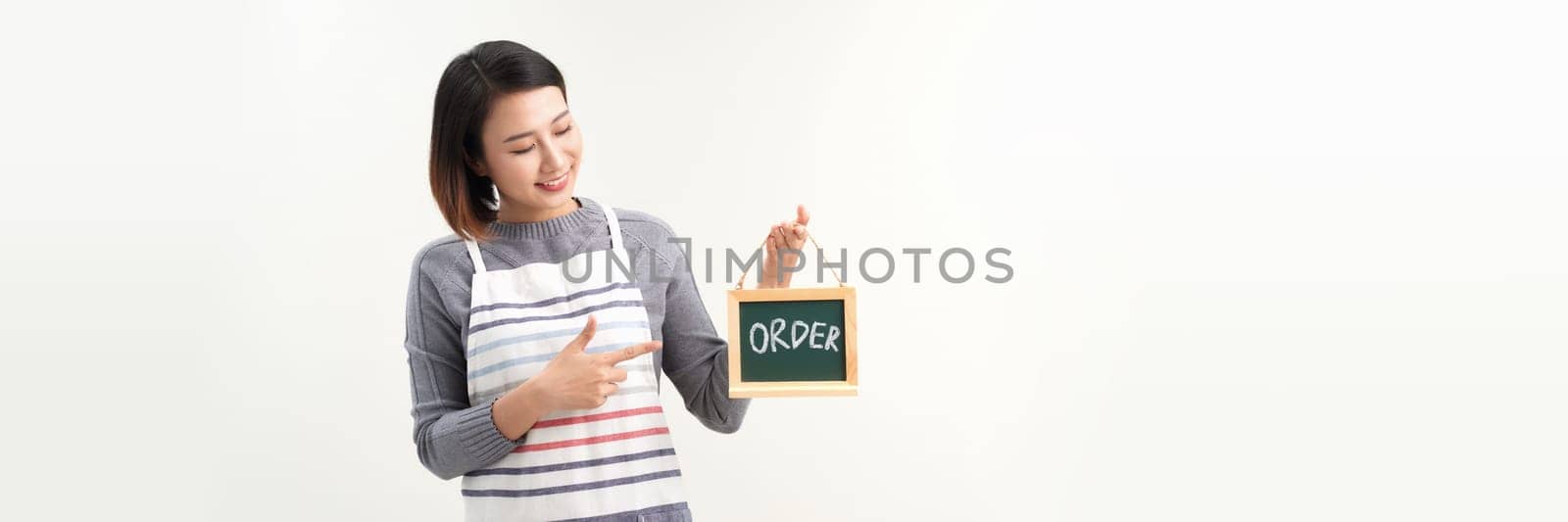 Woman hold order sign for small business on white background. by makidotvn