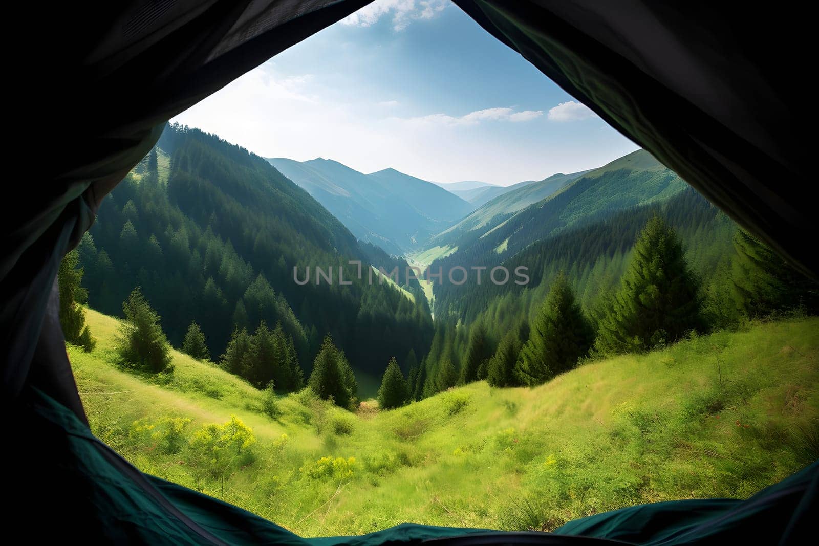 View from tourist tent to the mountain valley at sunny summer morning. Neural network generated in May 2023. Not based on any actual person, scene or pattern.