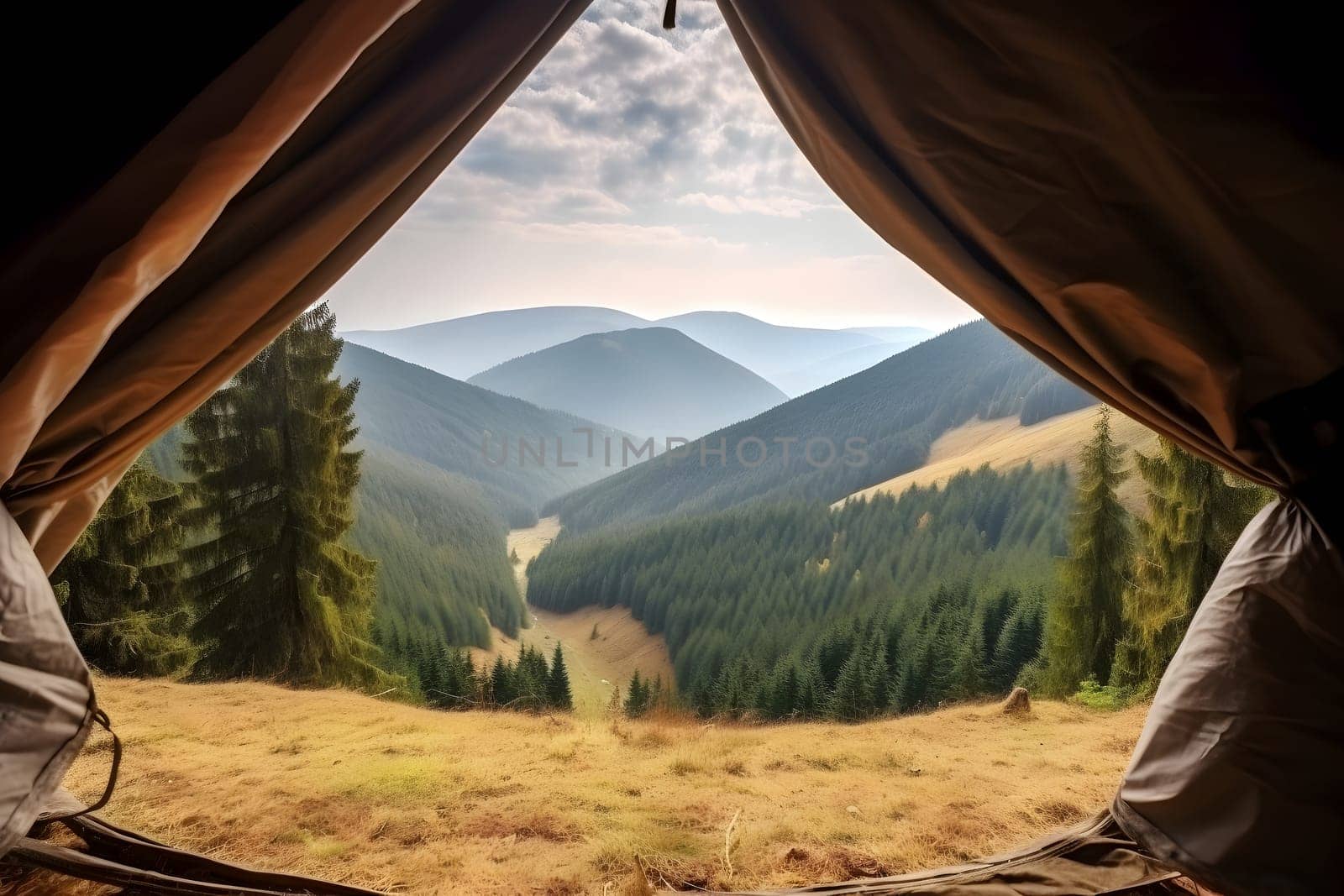 View from tourist tent to the mountain valley at sunny summer morning. Neural network generated in May 2023. Not based on any actual person, scene or pattern.